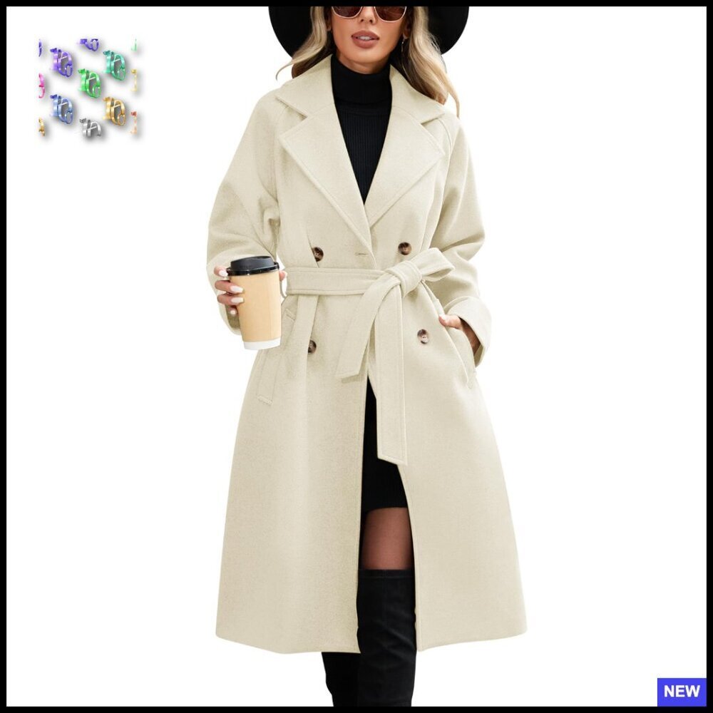 Classic Double Breasted Pea Coat Elegant Trench Coat Belted Fall Winter